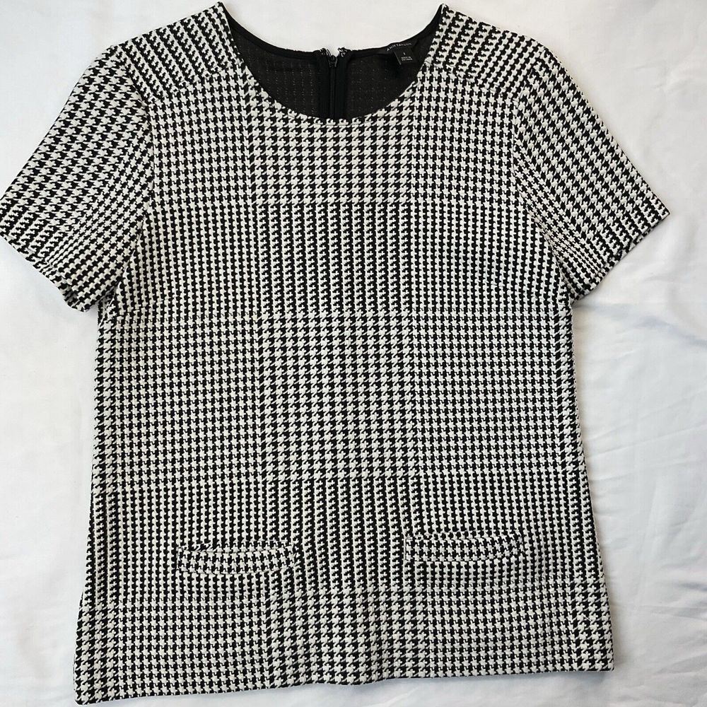 Ann Taylor Women Size Small Houndstooth Blouse Short Sleeve Black White Top